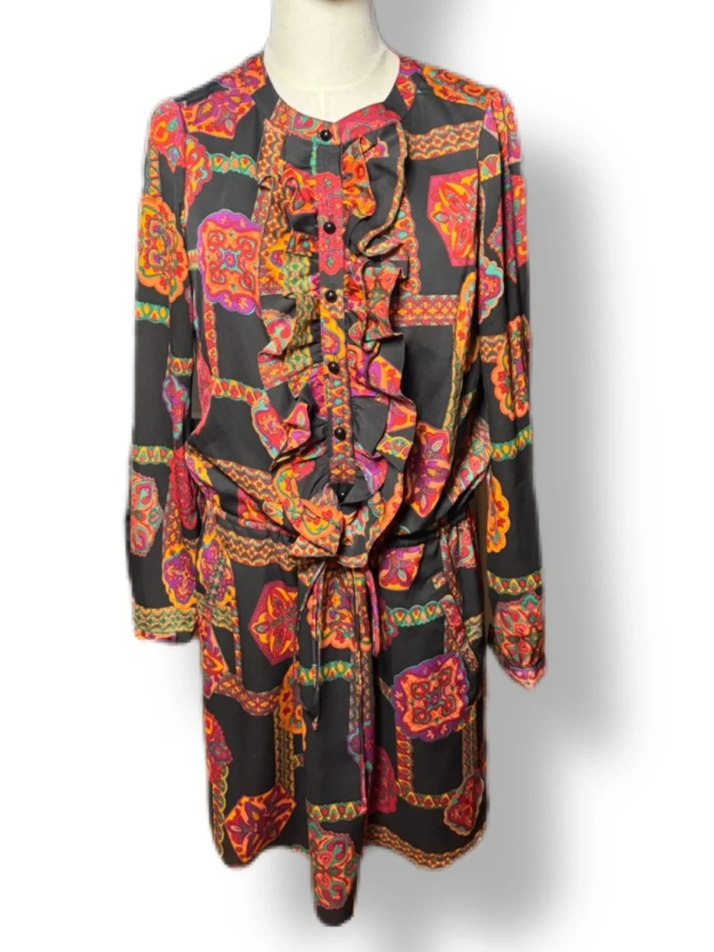 Phoebe Couture Black Long Sleeve Paisley Medallion Dress with Multicolor Accents - Picture 3 of 13